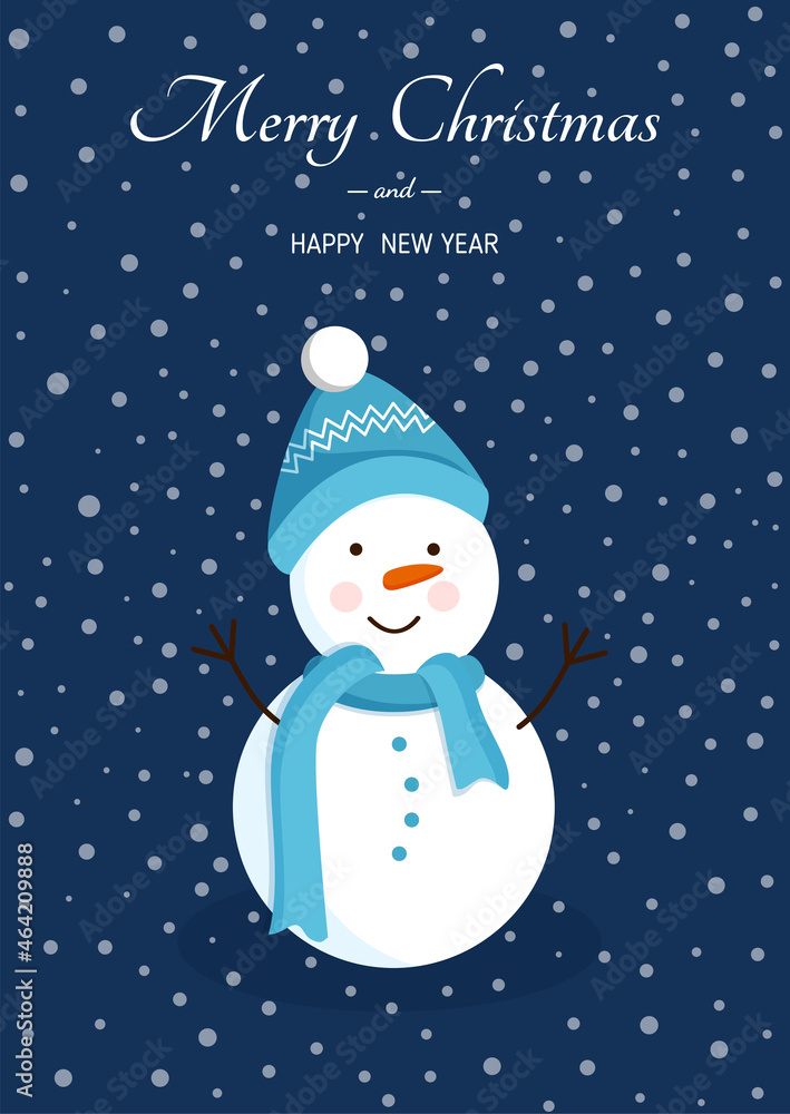 Snowman in hat, scarf under the snow for postcards, posters, banners. Vector illustration of Merry Christmas and New Year.