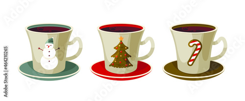 Three New Year's cups of coffee. Vector illustration. Set.