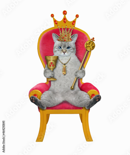 An ashen cat in a crown holds a scepter and a golden goblet on a red throne. White background. Isolated.