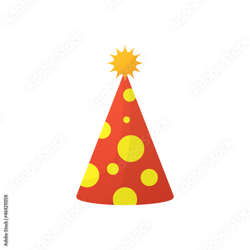 Red and Yellow Birthday Party Hat Illustration. Holiday decoration. Colorful Funny Cartoon Cone Cap for Celebration Anniversary, Christmas, Birthday. Isolated Vector