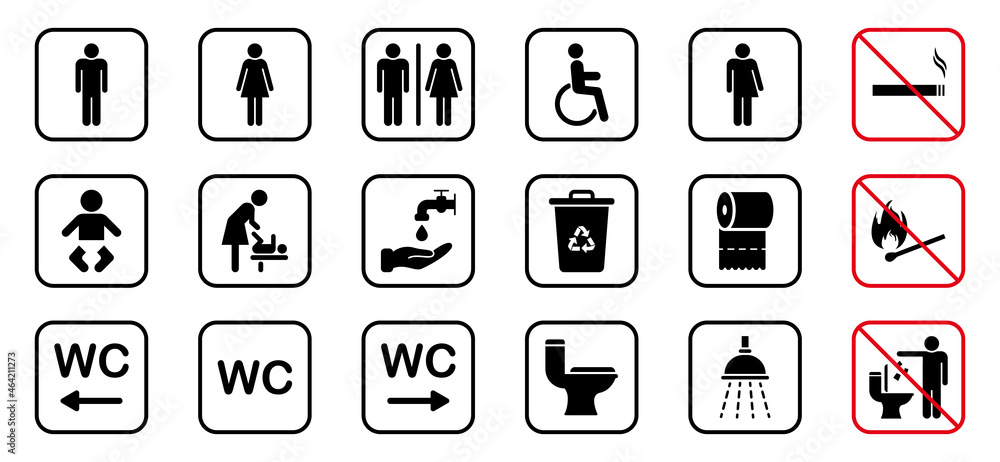 Toilet Room Silhouette Icon. Set of WC Sign. Bathroom, Restroom Pictogram. Public Washroom for Disabled, Male, Female, Transgender. Mother and Baby Room. No smoking Sign. Vector Illustration Toilet Room Silhouette Icon. Set of WC Sign. Bathroom, Restroom Pictogram. Public Washroom for Disabled, Male, Female, Transgender. Mother and Baby Room. No smoking Sign. Vector Illustration