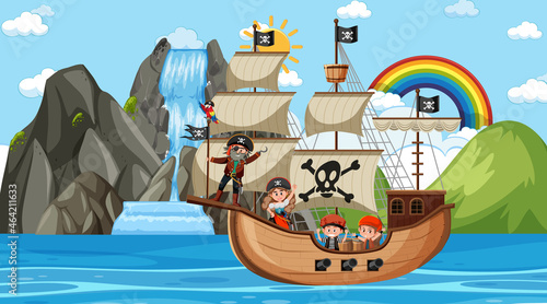 Beach with Pirate ship at daytime scene in cartoon style