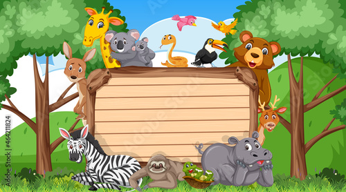 Canvas Print Empty wooden board with various wild animals in the forest