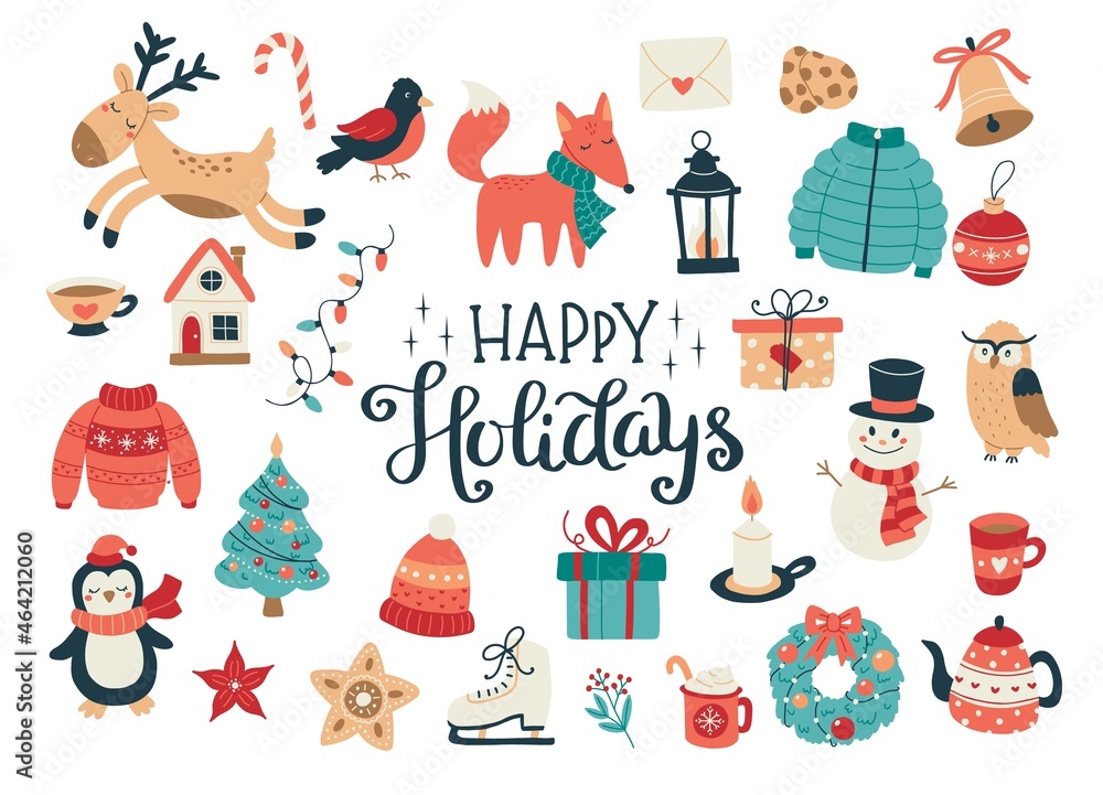 Christmas and New Year collection of cute animals and seasonal elements. Isolated a white background. Hand drawn vector illustration