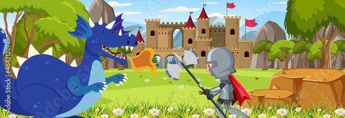 Knights fight with dragon at the castle