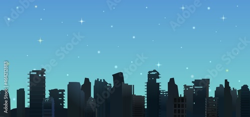 Night silhouettes of Ruined city. Apocalypse scene. Armageddon death of civilization in war or environmental disaster. Flat style. Vector