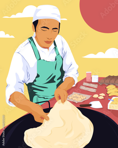 Market stall seller making traditional asian food