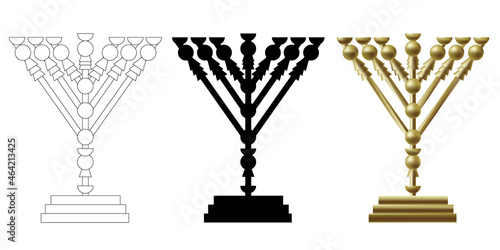 The menorah - golden lampstand in the tabernacle. six diagonal branches.  One of the ancient Jewish bible Temple vessels in Jerusalem. Vector icon painting for coloring, color and black silhouette. 