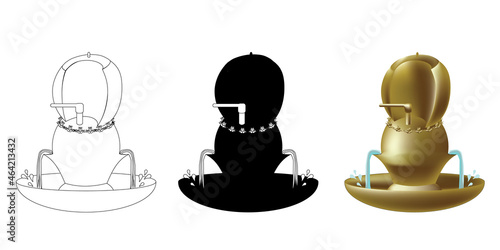 The Bronze laver of the Tabernacle and its base. Water tank on sink. One of the ancient Jewish bible Temple vessels in Jerusalem. Vector icon painting for coloring, color and black silhouette. 
