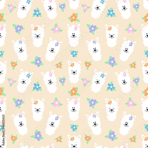 Seamless pattern with different doggy muzzles and colorful flowers.