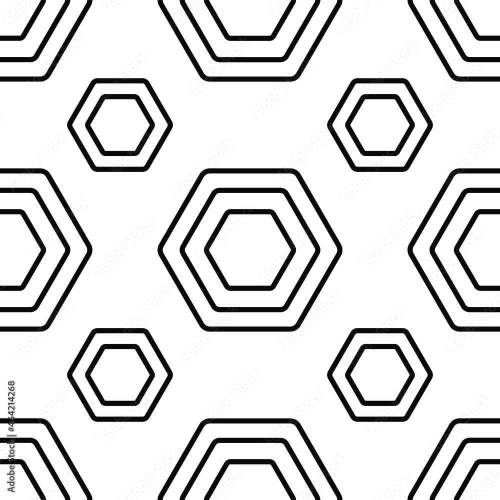 Hexagon with black outline on a white background. Seamless modern pattern for paper and textiles. Vector. Hexagon with black outline on a white background. Seamless modern pattern for paper and textiles. Vector.