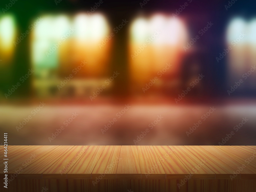 Empty wooden table in front of an abstract blurred abstract background, For product display montage.