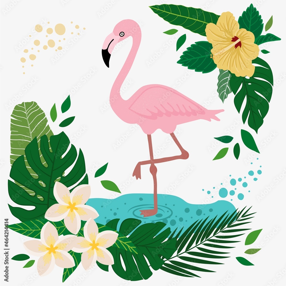 Obraz premium Flamingo with flowers and wild tropical leaves hand drawn vector illustration