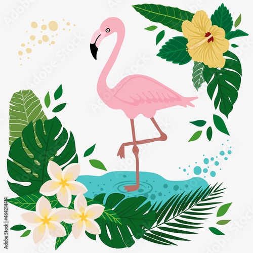 Flamingo with flowers and wild tropical leaves hand drawn vector illustration