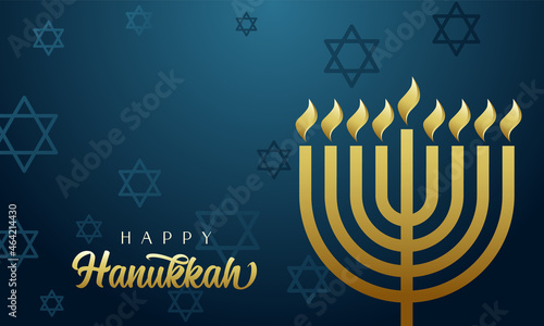 Happy Hanukkah greeting card, golden menorah and david stars. Hanukka gold colors candelabrum used in Jewish worship with eight branches. Vector illustration
