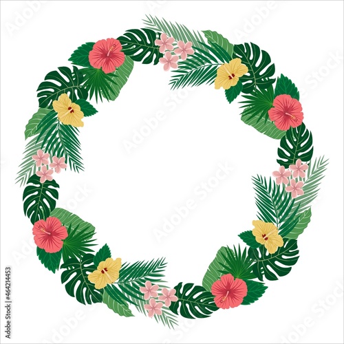 Trendy summer tropical flowers and leaves wreath vector illustration