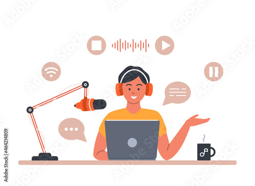 Man wearing headphones in front of laptop, talking into microphone, recording sound, podcast concept. Vector illustration with icons in flat cartoon style
