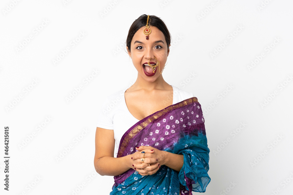 Young indian woman isolated on white background with surprise facial expression
