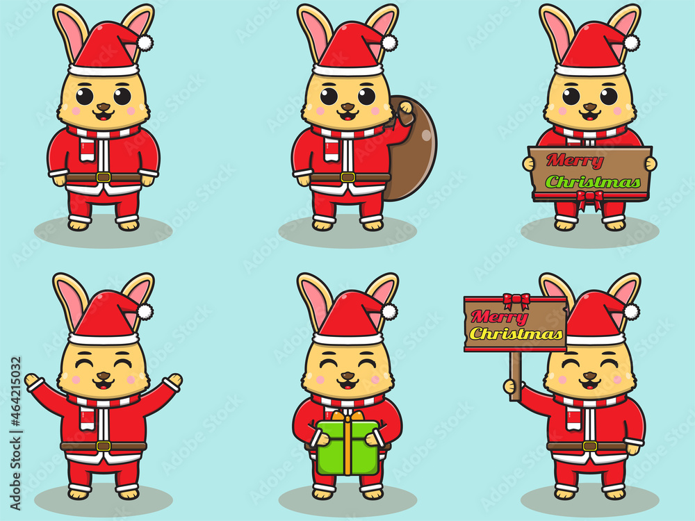 Vector illustration of cute Rabbit Santa mascot or character. Christmas design element. Vector illustration isolated on light blue background