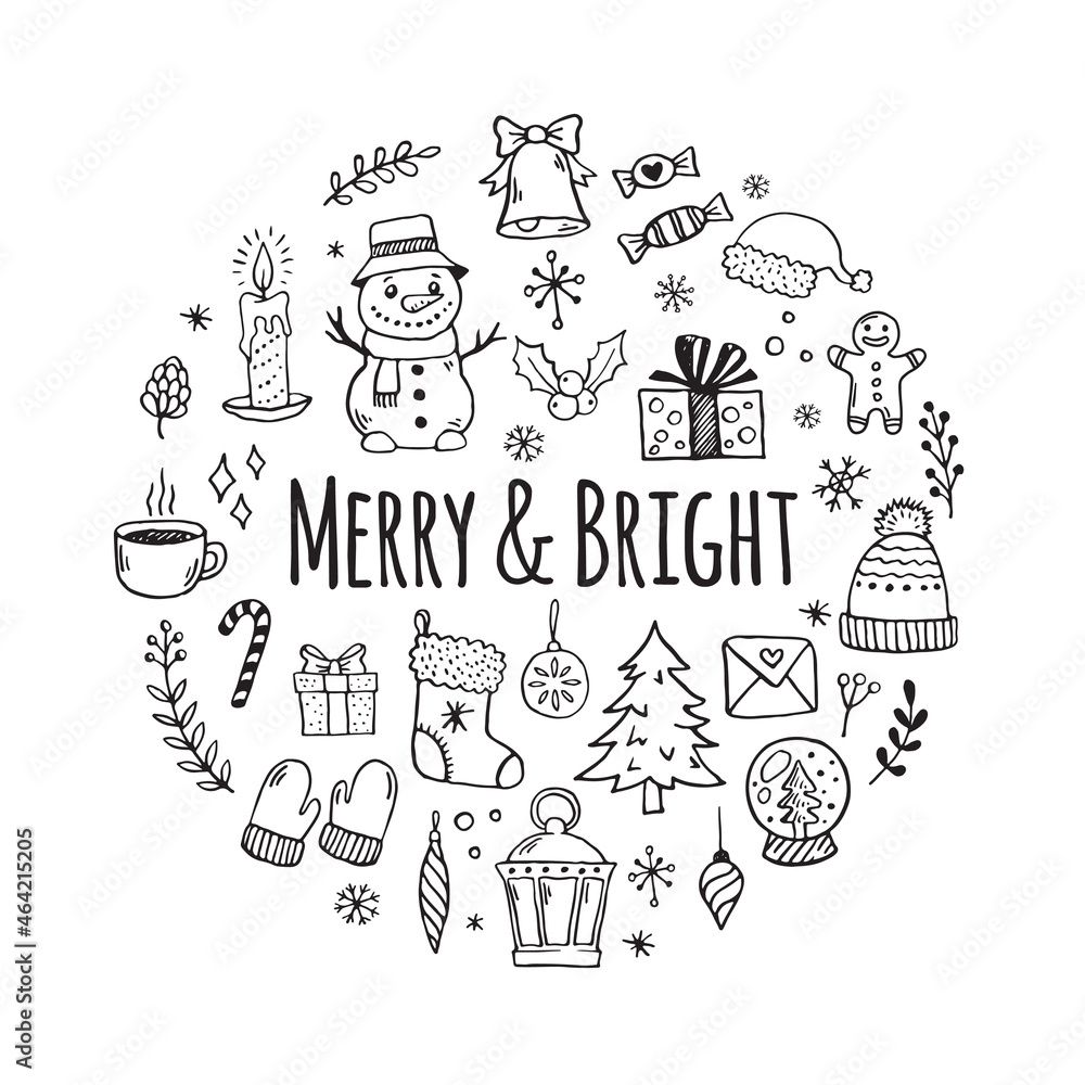 Hand drawn Christmas decorative elements in doodle style