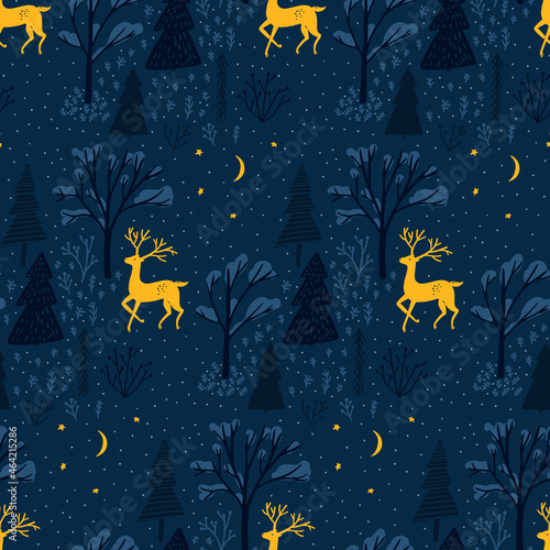 Winter forest and deer pattern, seamless background. Folk art Christmas illustration. Night oodland