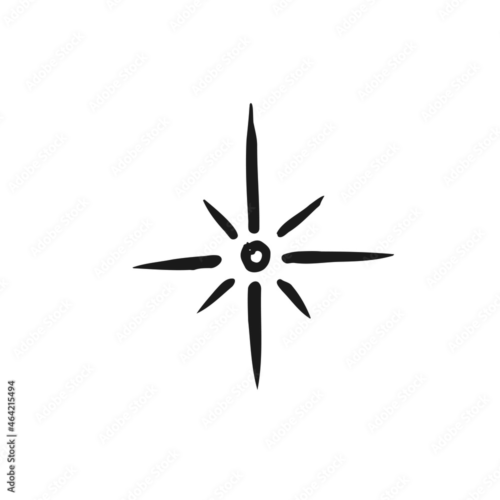 A bright star with long beams. Doodle sketch isolated on white background. Hand drawn vector illustration A bright star with long beams. Doodle sketch isolated on white background. Hand drawn vector illustration