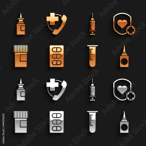 Set Pills in blister pack, Shield and heart rate, Bottle nasal spray, Test tube flask, Medicine bottle, Syringe, and Emergency phone call to hospital icon. Vector