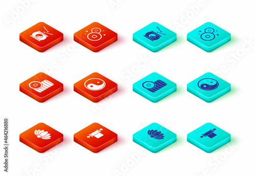 Set Lotus flower, Decree, paper, parchment, scroll, Chinese Yuan currency, Yin Yang, and drum icon. Vector