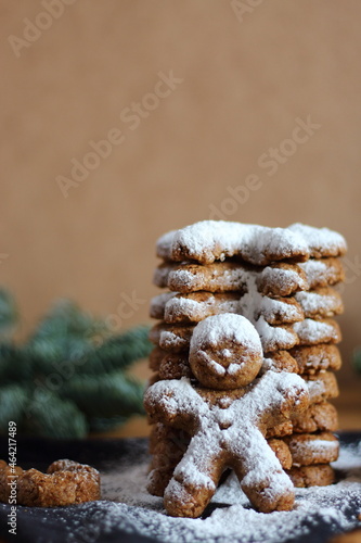 Snowfall gingerbread cookies. Tasty homemade Christmas cook. 