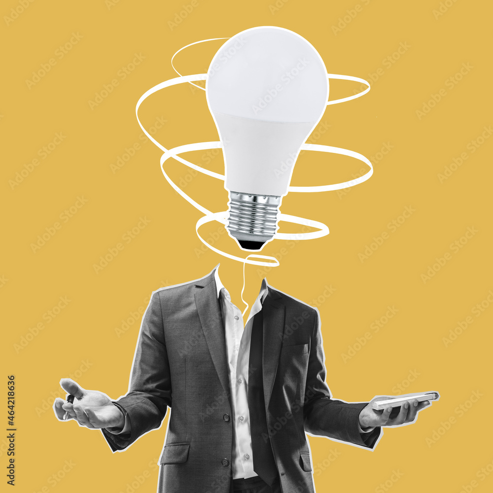 Modern design, contemporary art collage. Inspiration, idea, trendy urban magazine style. Man in business suit with electric bulb instead head - obrazy, fototapety, plakaty 