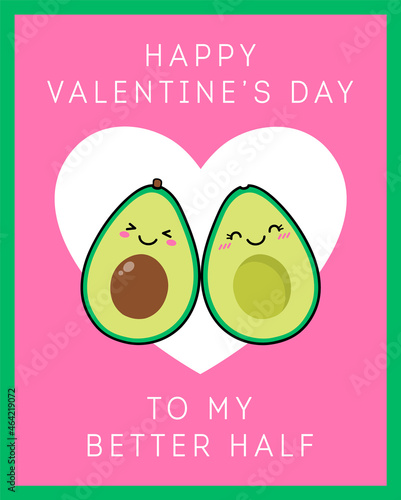 Cute avocado couple cartoon illustration for valentine’s day card design.