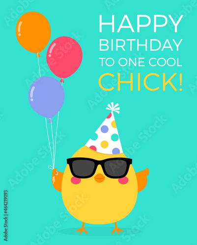 Cute cartoon chicken with balloons illustration for birthday card design.