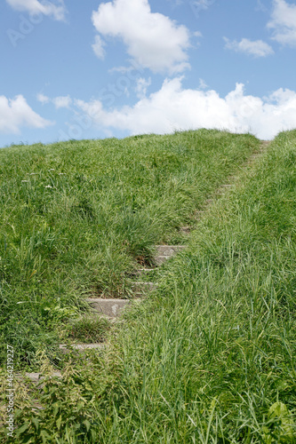 Alte Steintreppe an einem Deich, Treppenstufen, Wiese