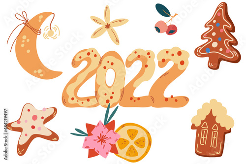 Christmas sweets set. Gingerbread house, Christmas tree, month and star. Gingerbread inscription 2022. Vector winter holidays print for textile, wallpaper.