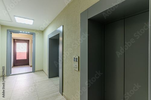 Russia, Moscow- May 03, 2020: interior room public place, house entrance. doors, walls, staircase corridors