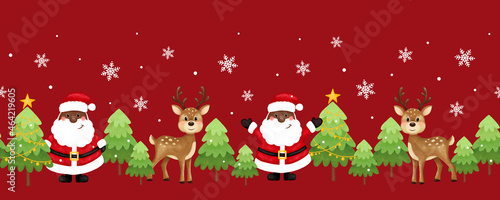 Seamless Christmas pattern. Black santa, deer, trees, stars, snow. African American Santa. New Year and Christmas holidays, New Year's decor for home and clothes.