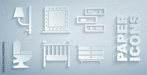 Set Baby crib cradle bed, Shelf with books, Toilet bowl, Chest of drawers, Makeup mirror lights and Wall sconce icon. Vector