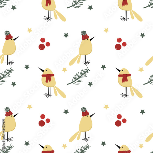Vector seamless pattern with christmas trees, cartoon birds and stars in Scandinavian style for fabrics, paper, textile, gift wrap isolated on white background 