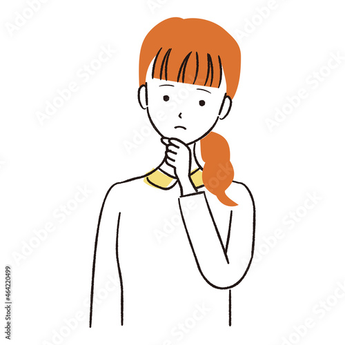 手書き線画カラーイラスト 首をかしげる女性　不安　