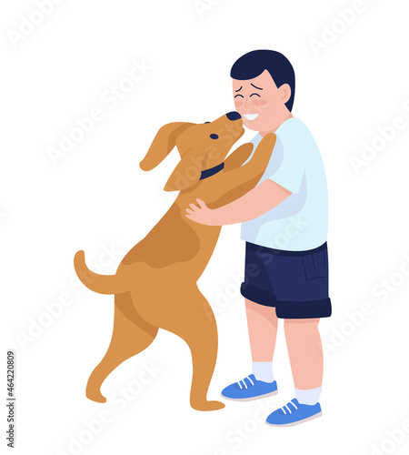 Boy playing with dog semi flat color vector character. Full body person on white. Playtime with domestic animal isolated modern cartoon style illustration for graphic design and animation