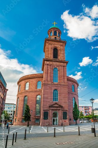 Great view of the entrance of the famous Paulskirche (St Paul's Church) in the square Paulsplatz in Frankfurt am Main. It is a national symbol for freedom and democracy in Germany.