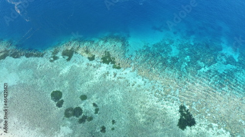 Arial drone view of stunning coral reef with crystal clear on the coral triangle in Timor Leste, South East Asia