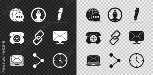 Set World map made from speech bubble, Create account screen, Pencil with eraser, Laptop envelope, Share, Clock, Telephone and Chain link icon. Vector