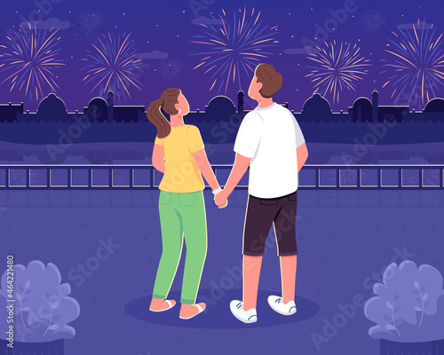 Watching fireworks together flat color vector illustration. Romantic date night. Boyfriend and girlfriend looking at sky. Couple holding hands 2D cartoon characters with night sky on background