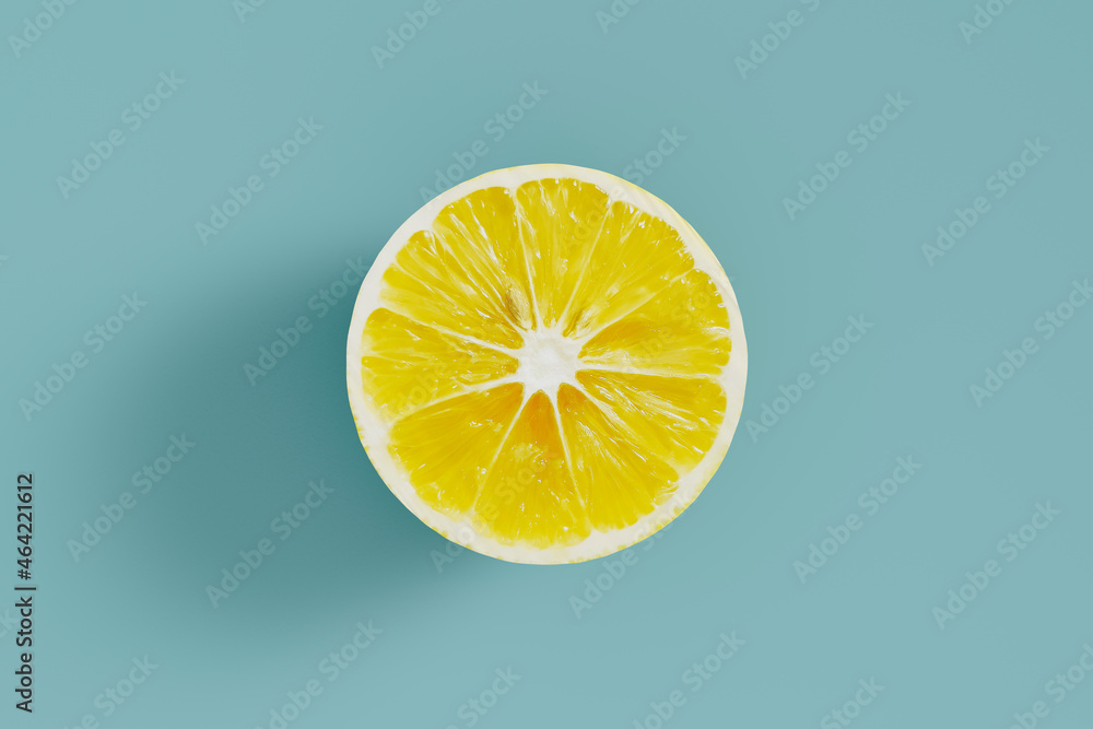Top view of a slice of lemon on a blue background, banner for the site, studio shooting, 3d rendering Top view of a slice of lemon on a blue background, banner for the site, studio shooting, 3d rendering