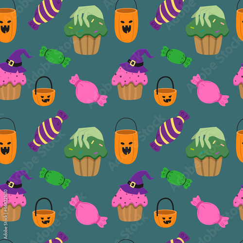 Vector seamless Halloween background with candy and other symbols