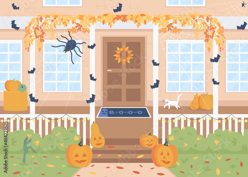 Halloween day home exterior flat color vector illustration. Home porch with carved pumpkings. Autumn season. Decorated house 2D cartoon outdoors with spiders and bats decor on background