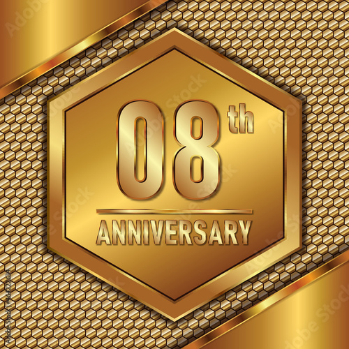 8th Anniversary with very luxurious gold metal texture background, logo vector template