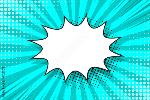 Pop art halftone background. Comic starburst pattern. Aquamarine banner with speech bubble, dots and beams. Cartoon superhero print. Gradient wow design. Vintage duotone texture. Vector illustration.