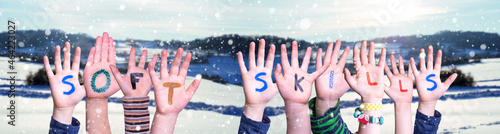 Children Hands Building Word Soft Skills, Snowy Winter Background